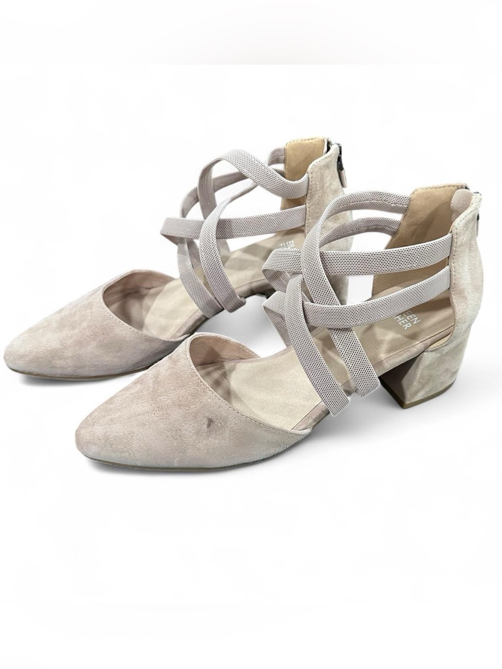 Eileen Fisher Light Taupe Suede Pointed Toe Strappy Block Heel - Picture 2 of 8